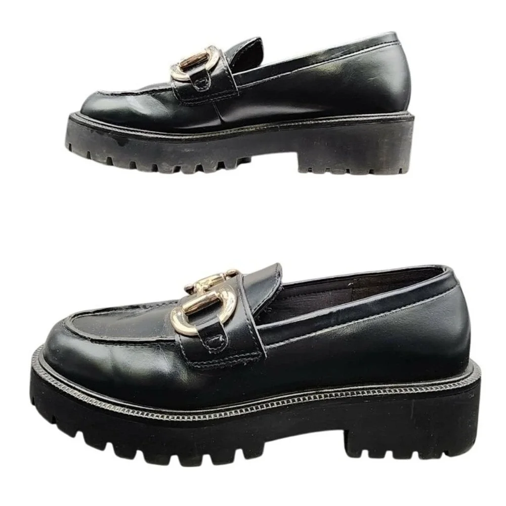 H&M Chunky‎ Platform Horsebit Loafers Black Women Size 6.5 Lug Sole Bit Detail